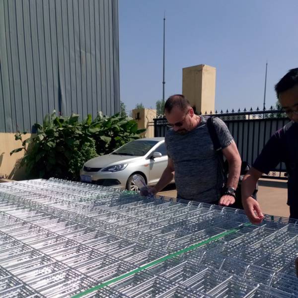 The customer is checking the galvanized welded mesh fence in the factory.